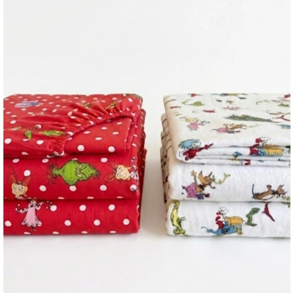 Lot of 2 Pottery Barn Kids Dr. Seuss The Grinch Full Sheet Sets Red & White